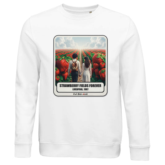 Felpa biologica bianco con la stampa Rock Art «Strawberry Fields Forever»