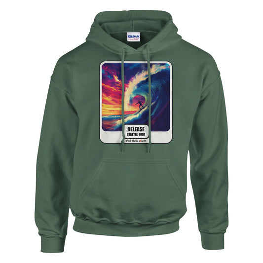 Felpa con cappuccio verde militare con la stampa Rock Art «Release»