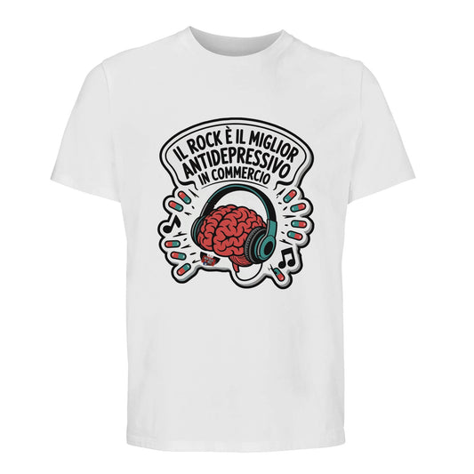 T-shirt Premium bianca in cotone biologico con lo slogan «Il rock è il miglior antidepressivo in commercio»