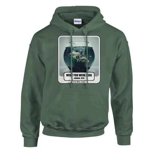 Felpa con cappuccio verde militare con la stampa Rock Art «Wish You Were Here»