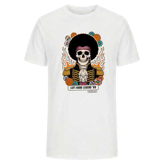 T-shirt premium bianca con teschio psichedelico «Left Hand Legend '69» — Calaveras del Rock, Rock Music aWords