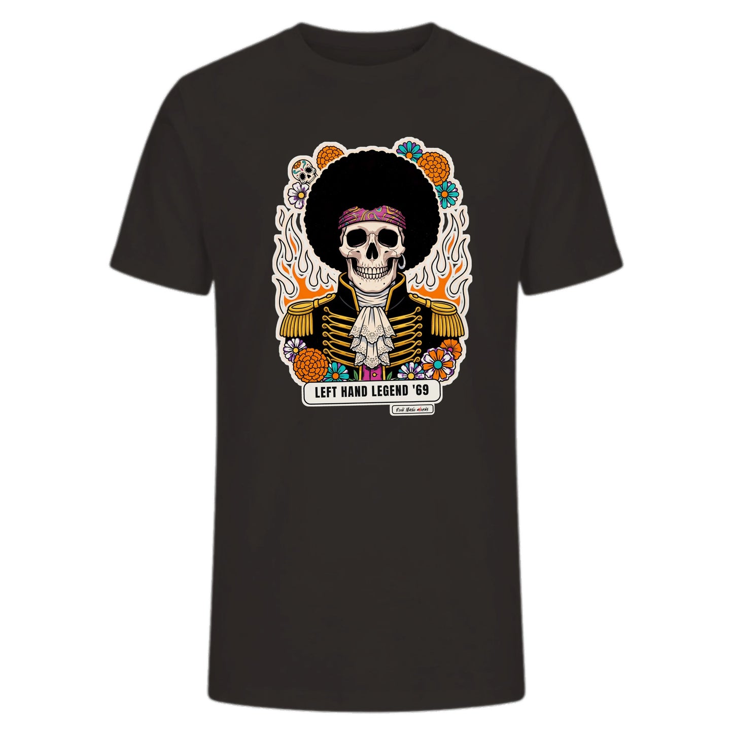 T-shirt premium nera con teschio psichedelico «Left Hand Legend '69» — Calaveras del Rock, Rock Music aWords
