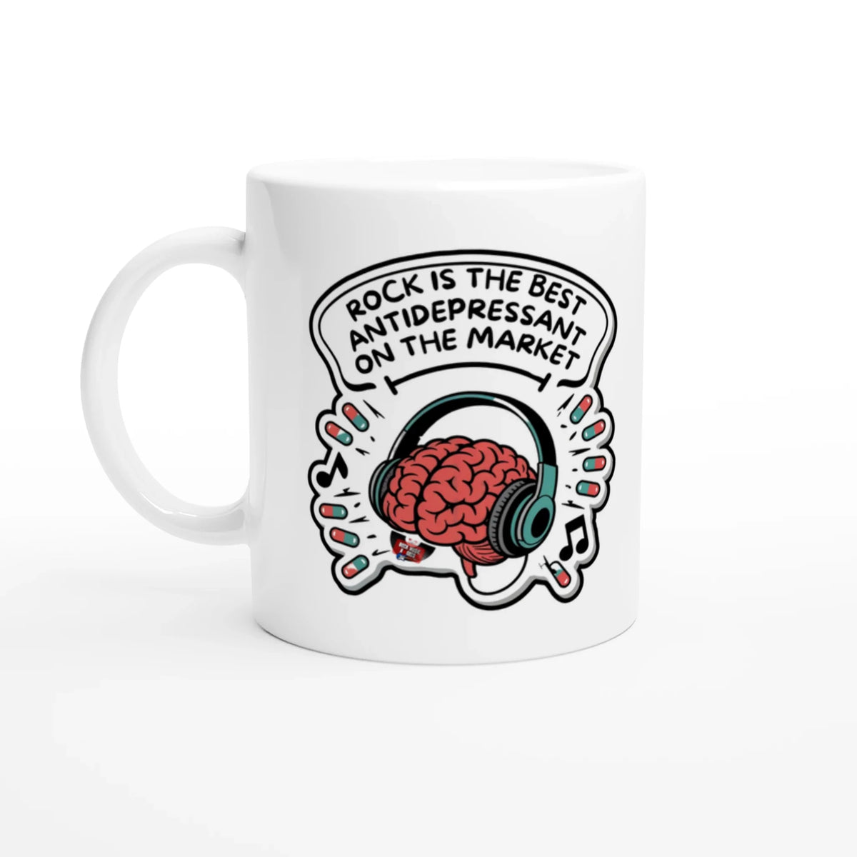 Tazza bianca con lo slogan in inglese «Rock is the best antidepressant on the market»