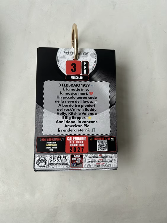 Pagina del 3 febbraio del Calendario del Rock 2027 con il QR della canzone del giorno