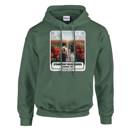 Felpa con cappuccio verde militare con la stampa Rock Art «Strawberry Fields Forever»