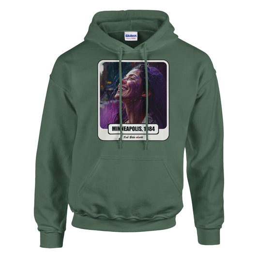Felpa con cappuccio verde militare con la stampa Rock Art «Purple Rain»