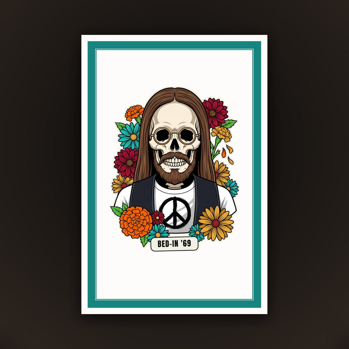 Calavera Bed-In '69, card 10 x 15 con cornice turchese
