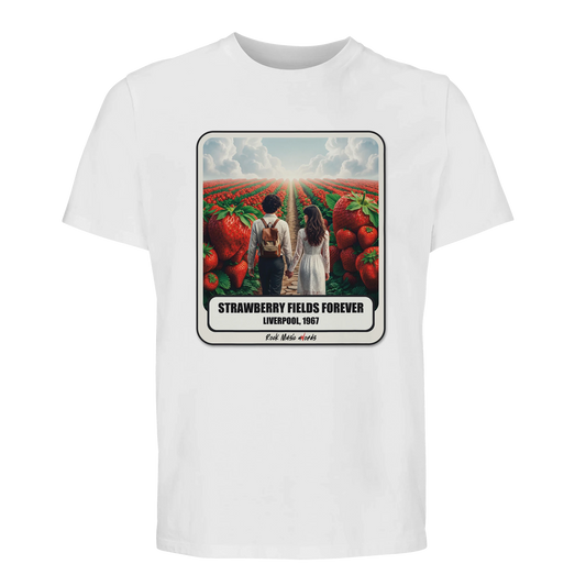 T-shirt premium bianco con la stampa Rock Art «Strawberry Fields Forever»