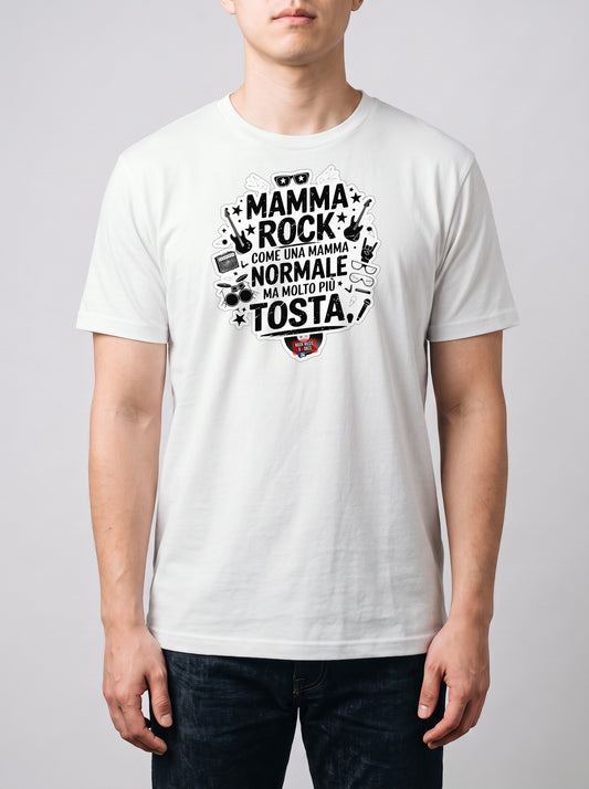 Corporatura media, 180 cm per 78 kg, con la t-shirt bianca «Mamma rock: come una mamma normale, ma molto più tosta» in taglia L (ricostruzione al computer)