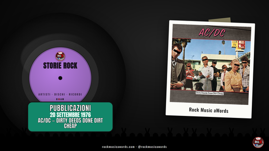 Copertina Storie Rock del 20 settembre 1976: la polaroid con la copertina di Dirty Deeds Done Dirt Cheap degli AC/DC accanto al vinile Storie Rock