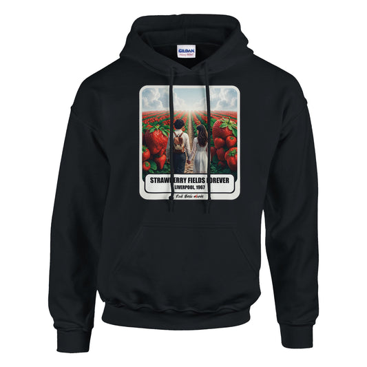 Felpa con cappuccio nero con la stampa Rock Art «Strawberry Fields Forever»