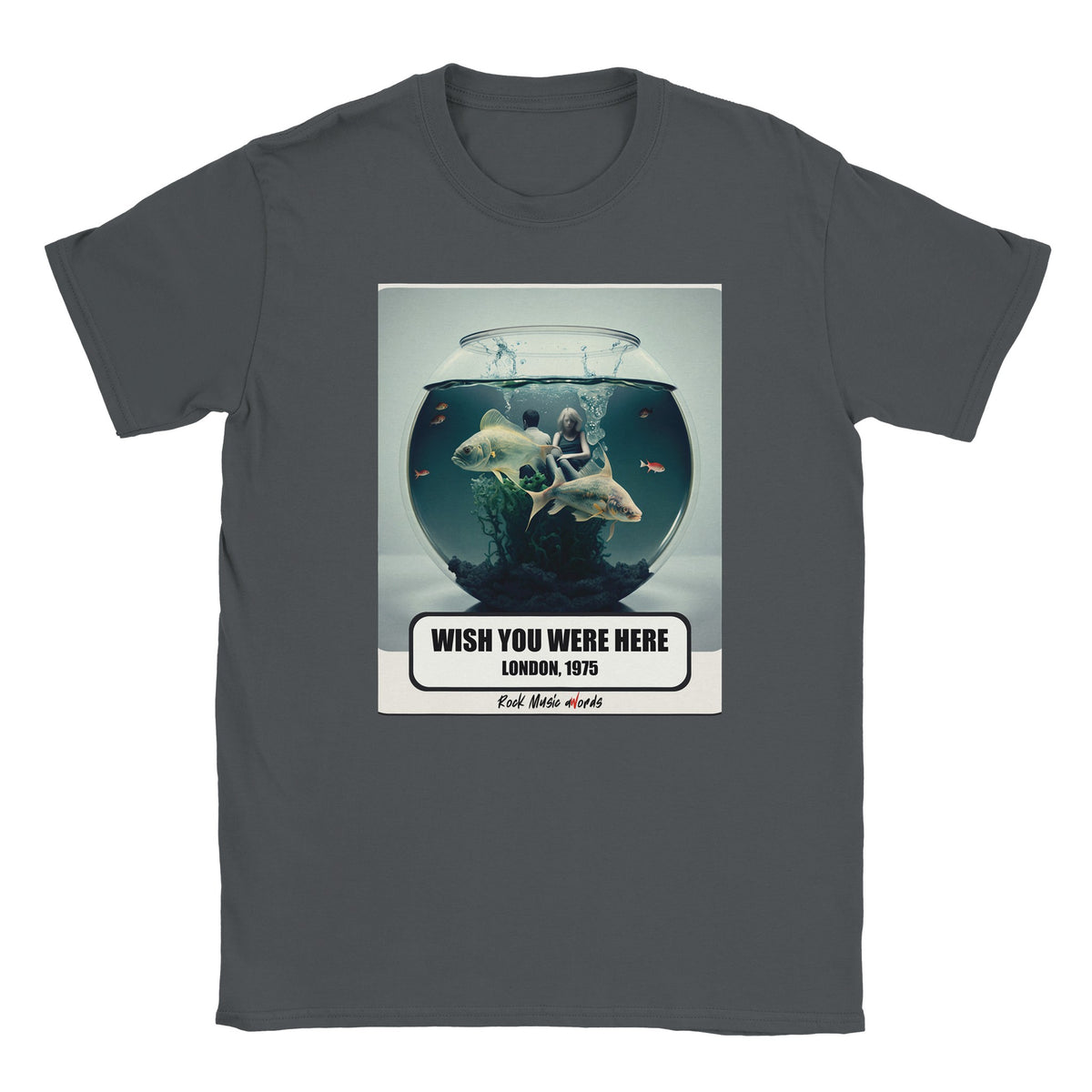 T-shirt grigio antracite con la stampa Rock Art «Wish You Were Here – London, 1975»