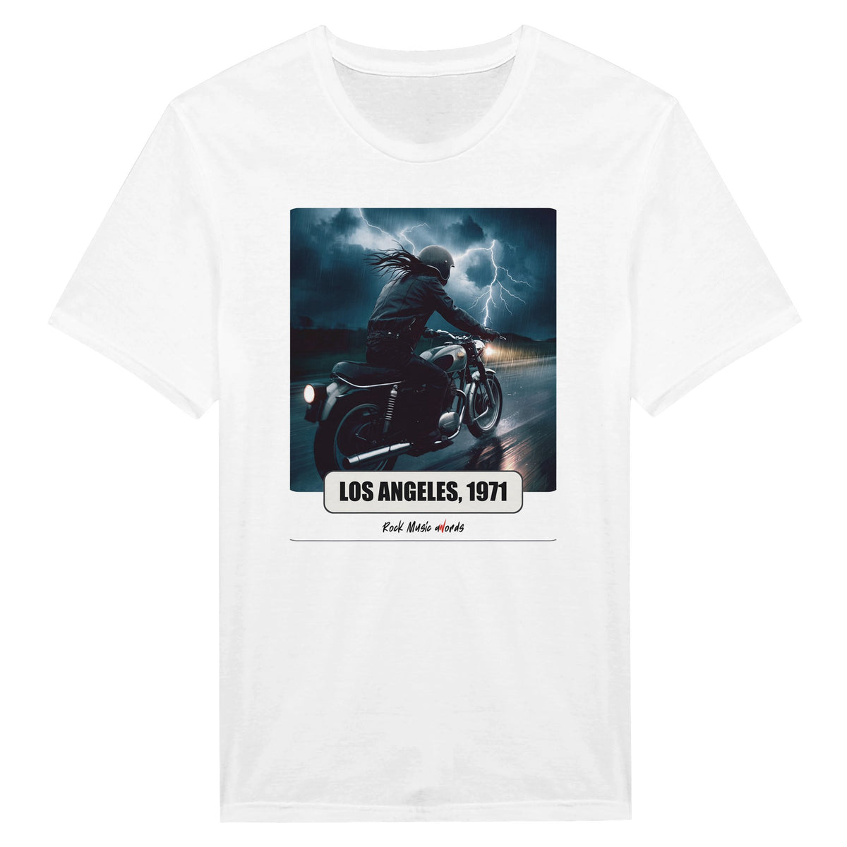 La t-shirt bianca vista da vicino: stampa Rock Art «Riders on the Storm – Los Angeles, 1971»