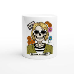 Tazza in ceramica bianca con la calavera «Aberdeen» delle Calaveras del Rock, vista di fronte