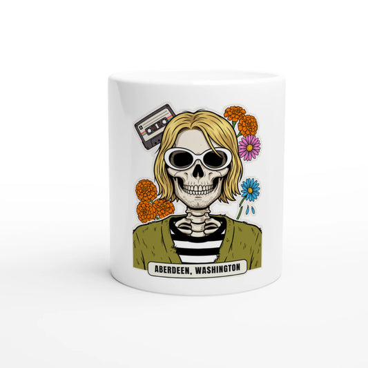 Tazza in ceramica bianca con la calavera «Aberdeen» delle Calaveras del Rock, vista di fronte