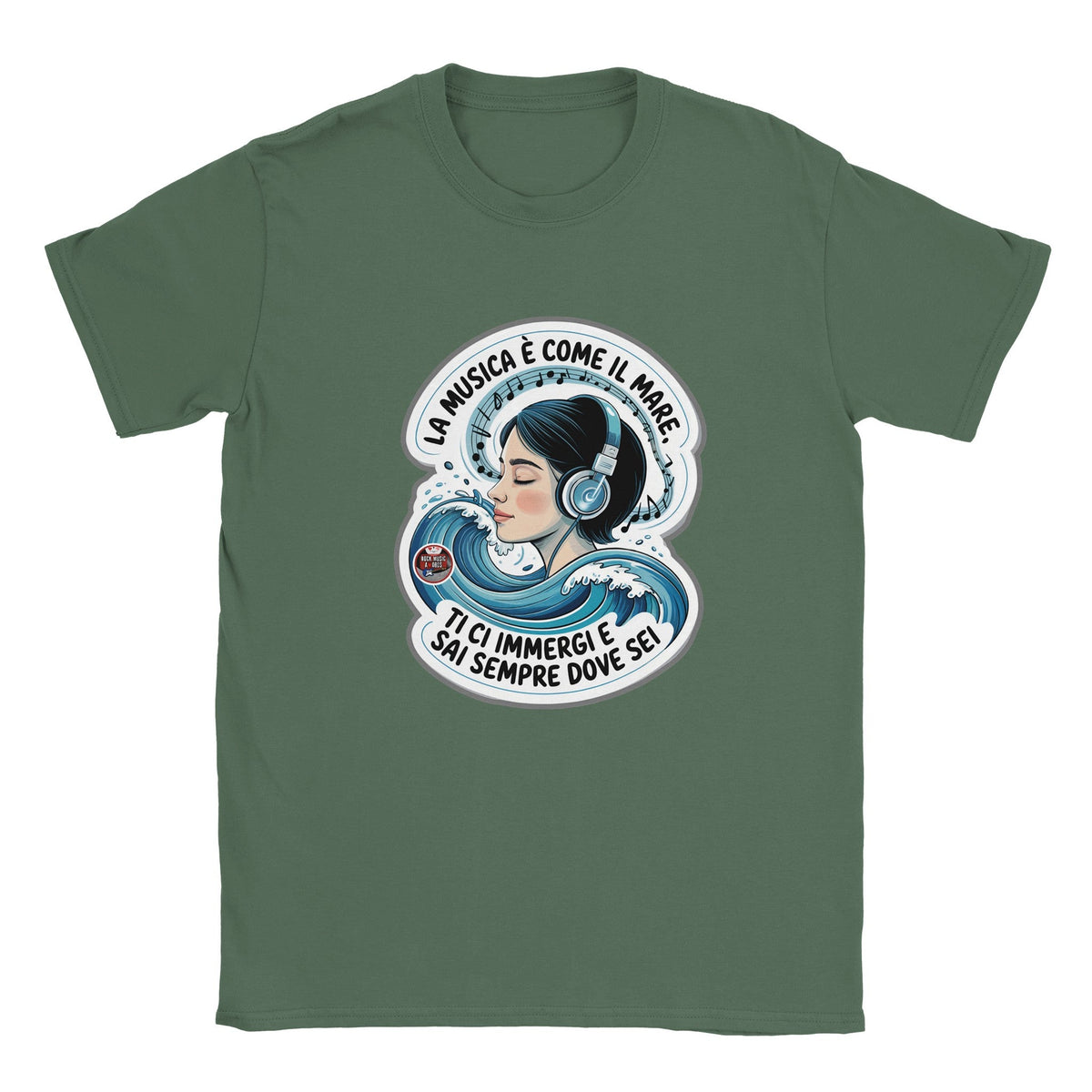 T-Shirt Music is Like the Sea, Verde militare, scritta in italiano