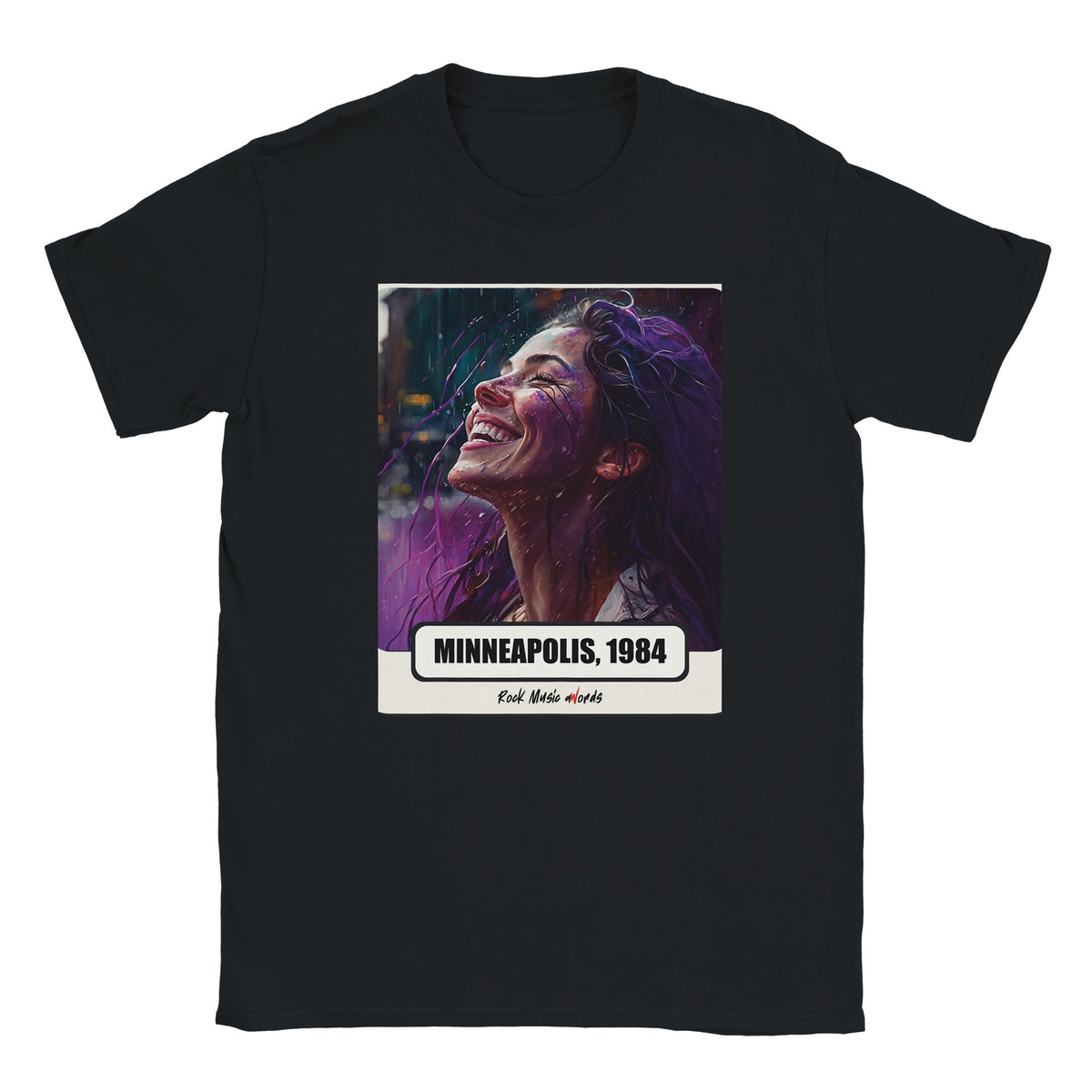 T-shirt nera con la stampa Rock Art «Purple Rain – Minneapolis, 1984»