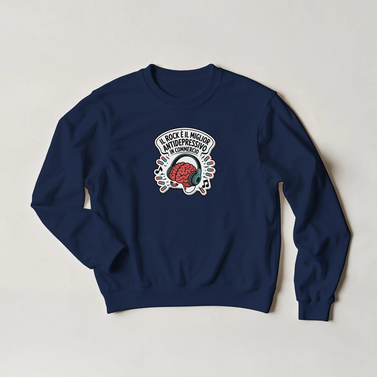 Felpa girocollo blu navy con lo slogan «Il rock è il miglior antidepressivo in commercio»