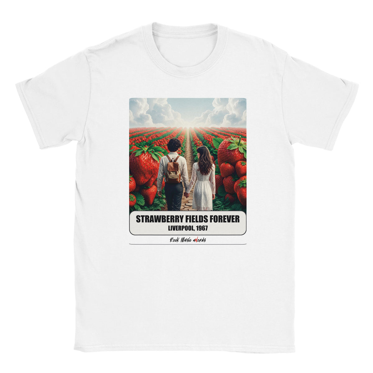 T-shirt bianca con la stampa Rock Art «Strawberry Fields Forever – Liverpool, 1967»