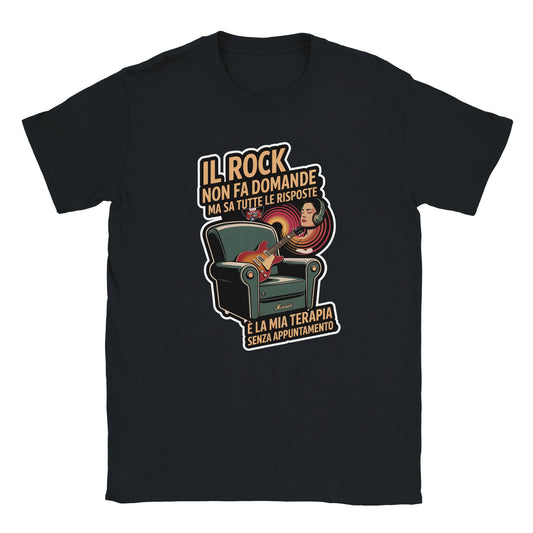 T-shirt nera con la scritta «Il rock non fa domande ma sa tutte le risposte: è la mia terapia senza appuntamento»