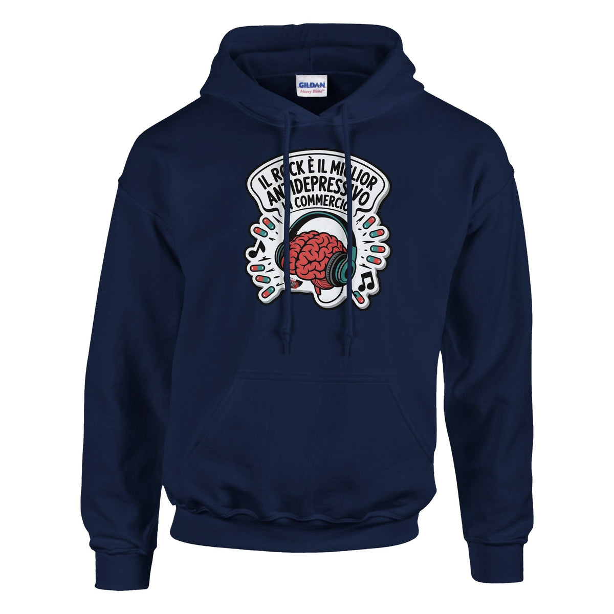Felpa con cappuccio blu navy con lo slogan «Il rock è il miglior antidepressivo in commercio»