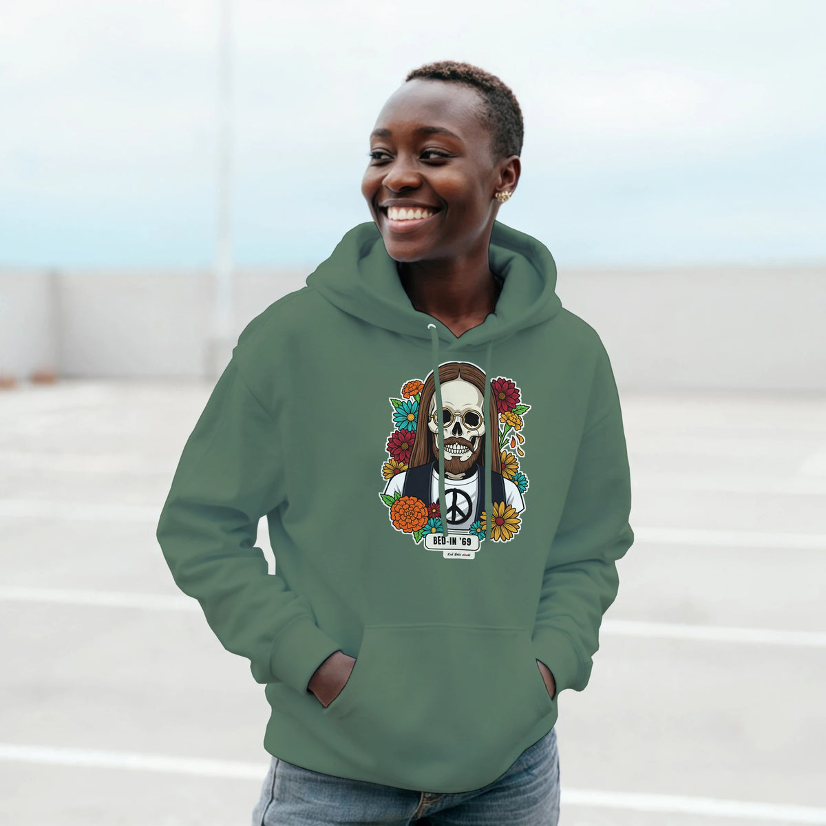 Felpa con cappuccio con la calavera Bed-In '69 – Calaveras del Rock