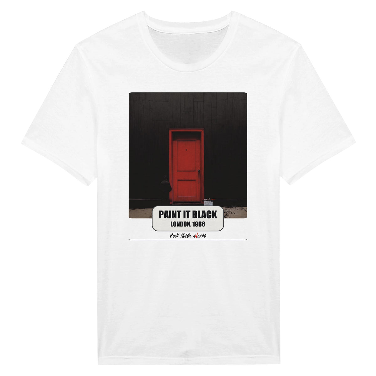 La t-shirt bianca vista da vicino: stampa Rock Art «Paint It Black – London, 1966»