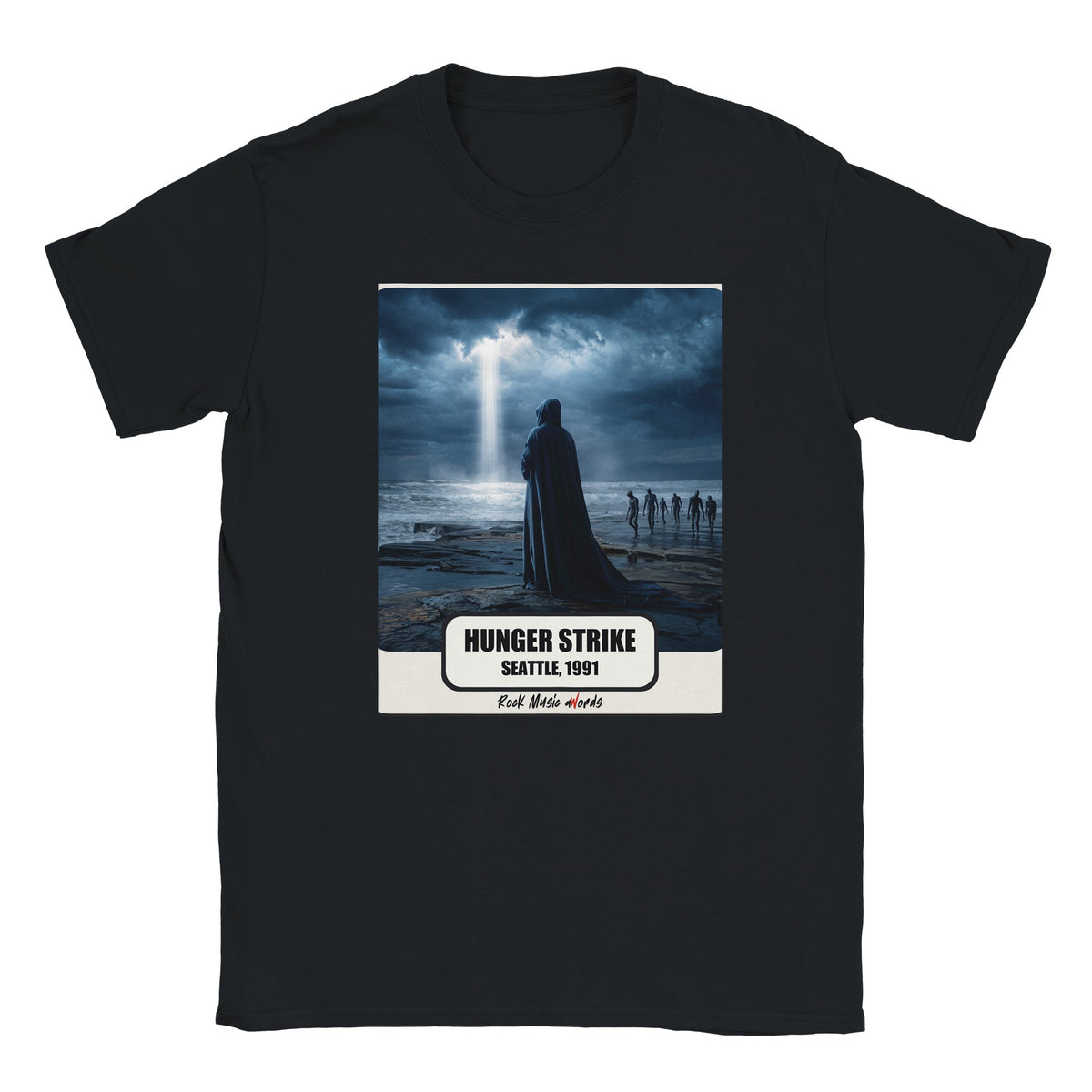 T-shirt nera con la stampa Rock Art «Hunger Strike – Seattle, 1991»