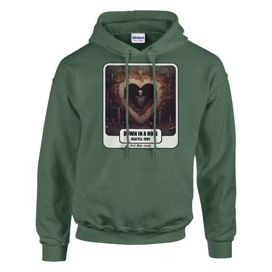 Felpa con cappuccio verde militare con la stampa Rock Art «Down in a Hole»