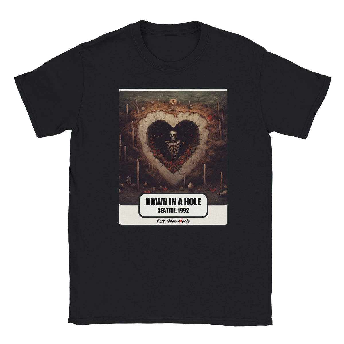 T-shirt nera con la stampa Rock Art «Down in a Hole – Seattle, 1992»