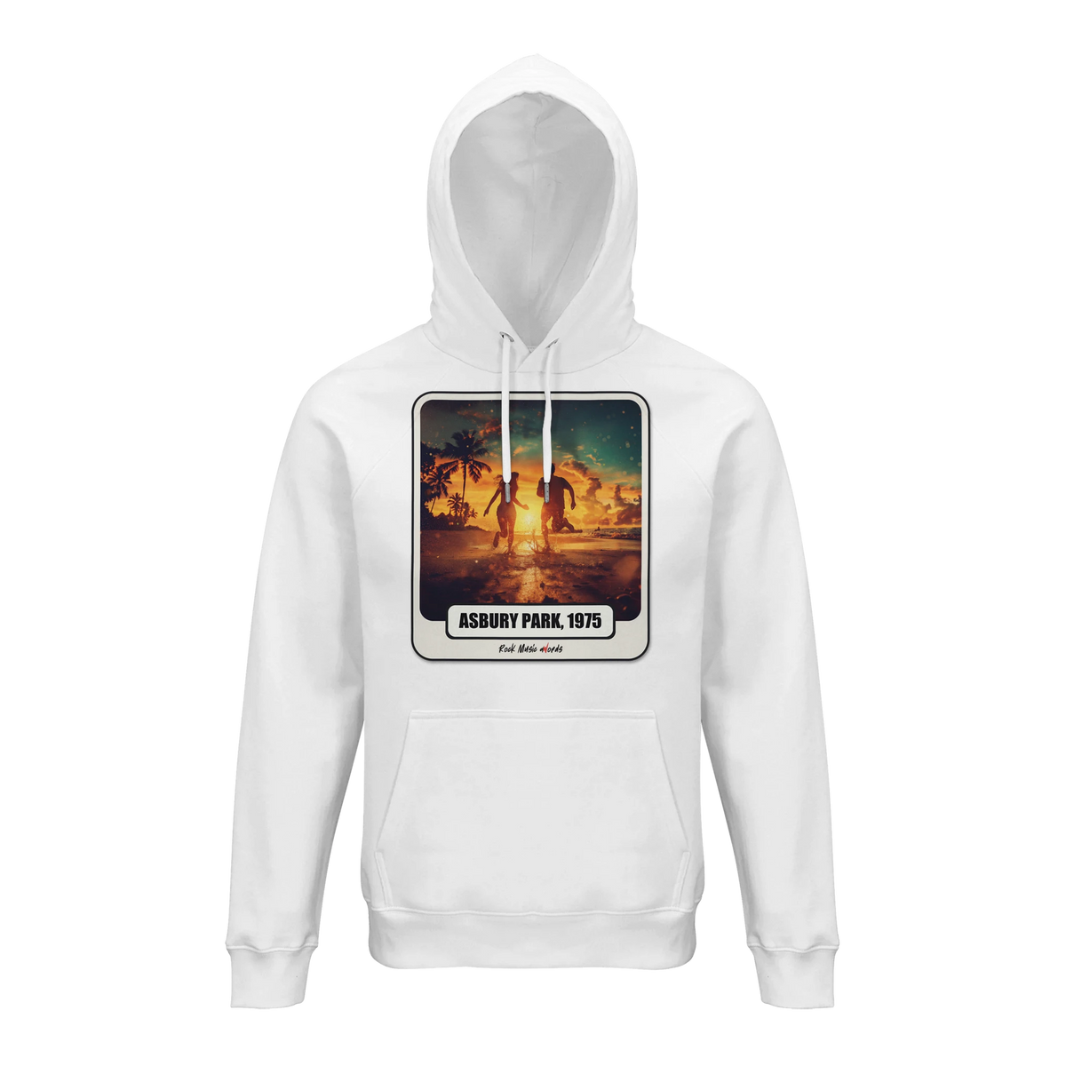 Felpa con cappuccio premium Rock Art «Born to Run» (Asbury Park, 1975), colore Bianco