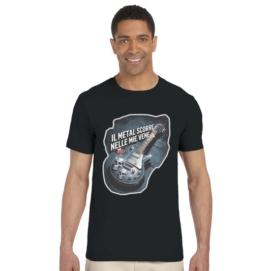 T-shirt nera con la scritta «Il metal scorre nelle mie vene»