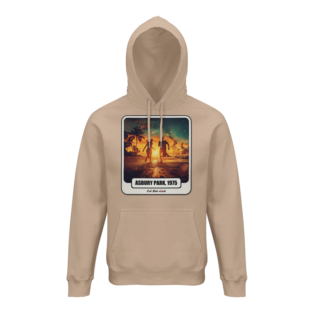 Felpa con cappuccio premium Rock Art «Born to Run» (Asbury Park, 1975), colore Kaki