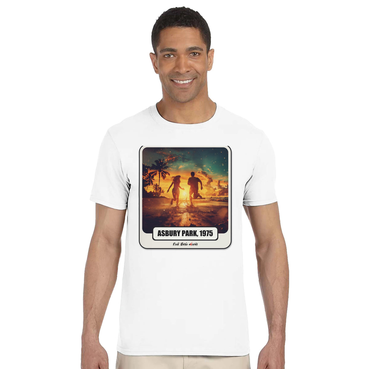 T-shirt Rock Art «Born to Run» (Asbury Park, 1975), foto d'ambiente