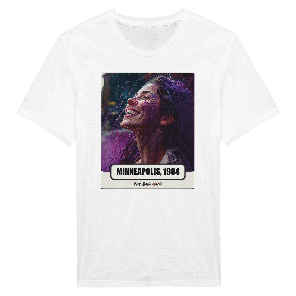 La t-shirt bianca vista da vicino: stampa Rock Art «Purple Rain – Minneapolis, 1984»