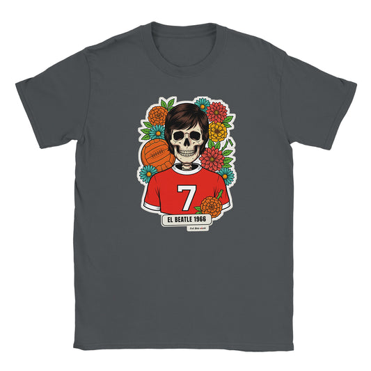 T-shirt grigio antracite con la calavera El Beatle 1966: teschio con maglia rossa numero 7 e pallone di cuoio