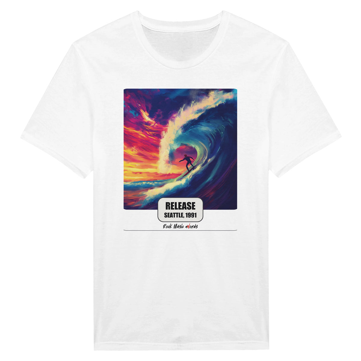La t-shirt bianca vista da vicino: stampa Rock Art «Release – Seattle, 1991»