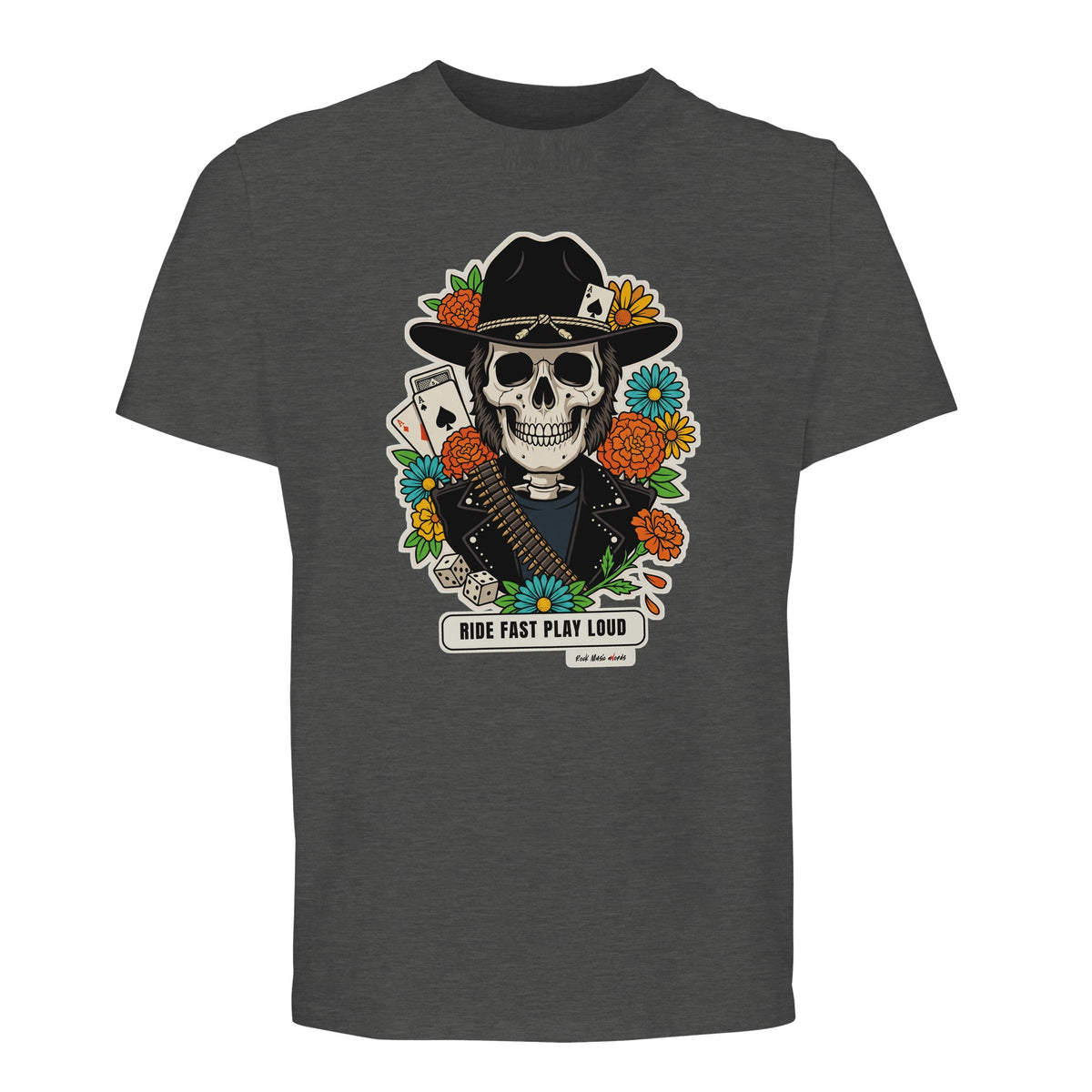 T-shirt Premium grigio melange con la calavera Ride Fast Play Loud