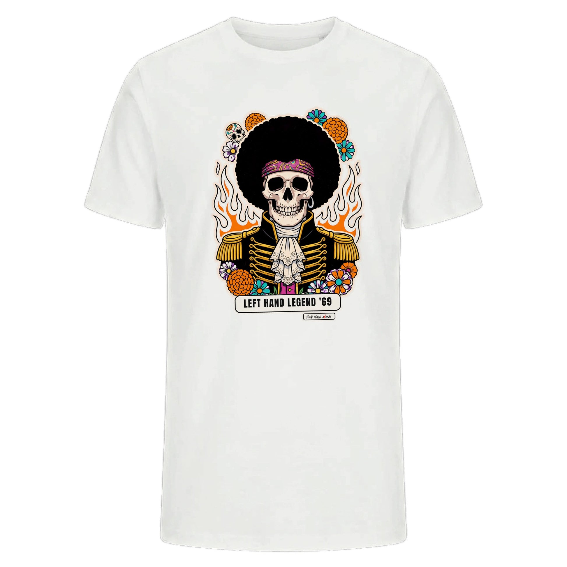 T-shirt premium bianca con teschio psichedelico «Left Hand Legend '69» — Calaveras del Rock, Rock Music aWords