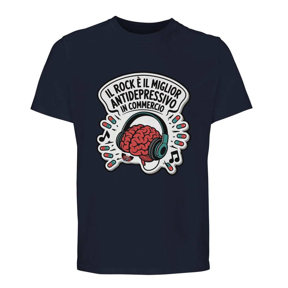 T-shirt Premium blu navy con lo slogan «Il rock è il miglior antidepressivo in commercio»