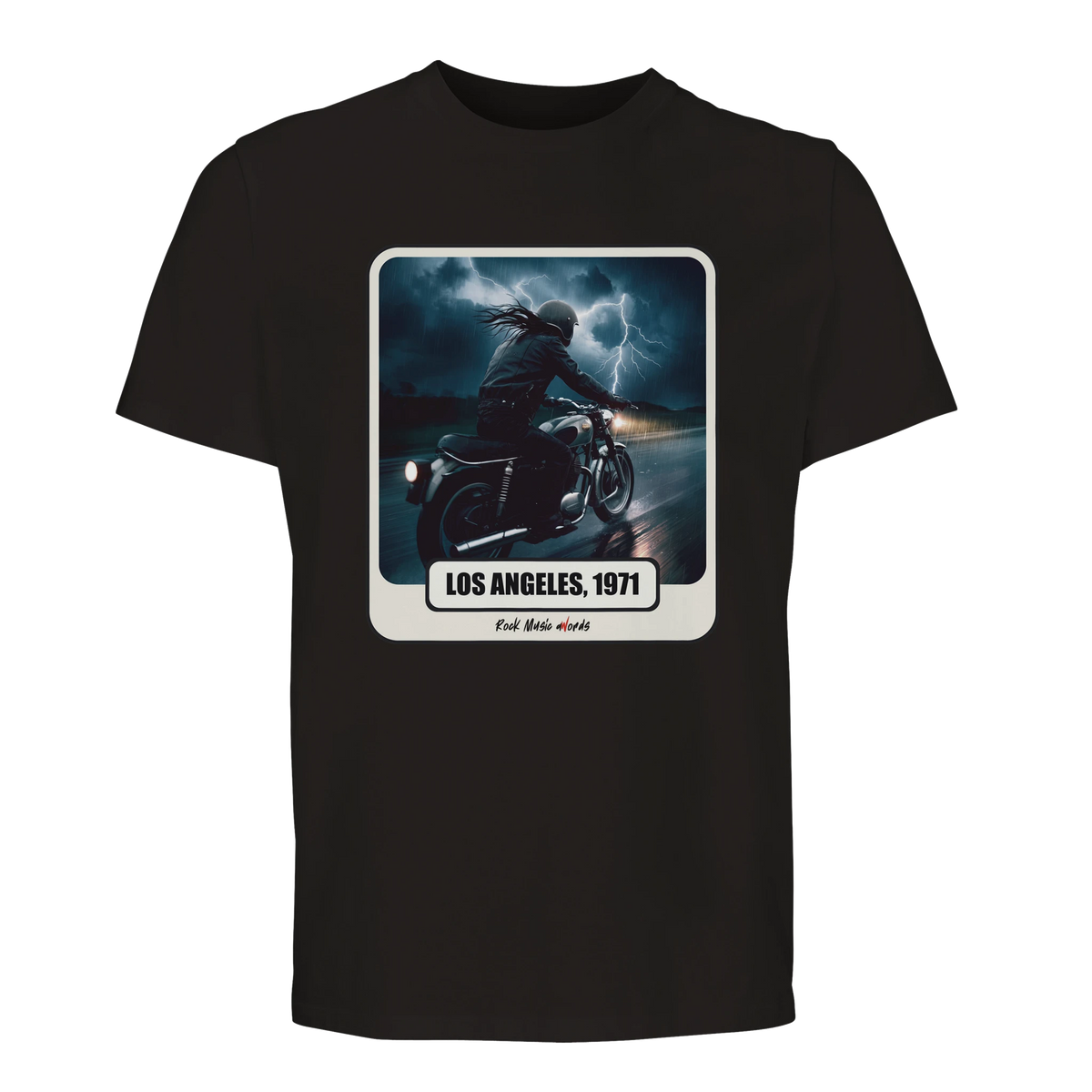 T-shirt premium nero con la stampa Rock Art «Riders on the Storm»