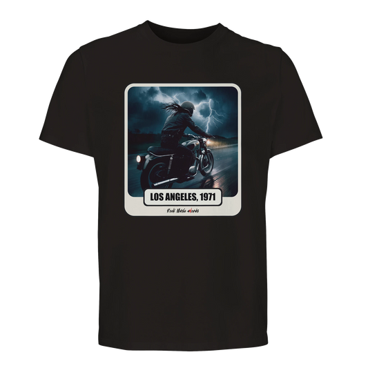 T-shirt premium nero con la stampa Rock Art «Riders on the Storm»