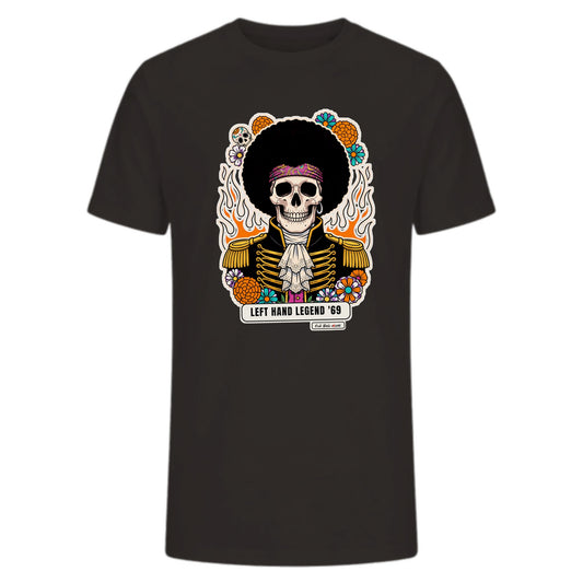 T-shirt premium nera con teschio psichedelico «Left Hand Legend '69» — Calaveras del Rock, Rock Music aWords