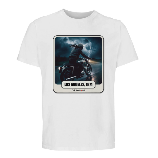 T-shirt premium bianco con la stampa Rock Art «Riders on the Storm»
