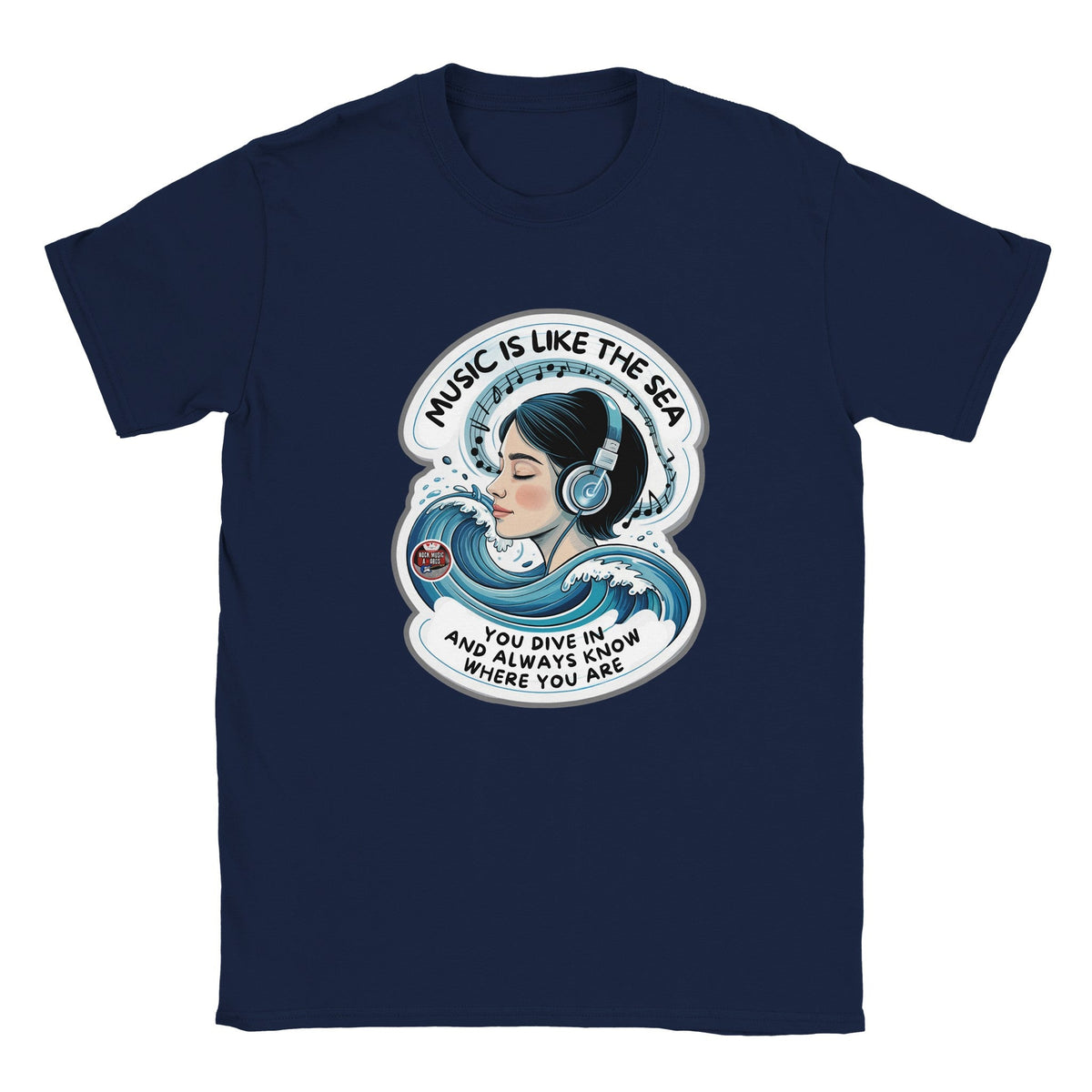 T-Shirt Music is Like the Sea, Blu navy, scritta in inglese