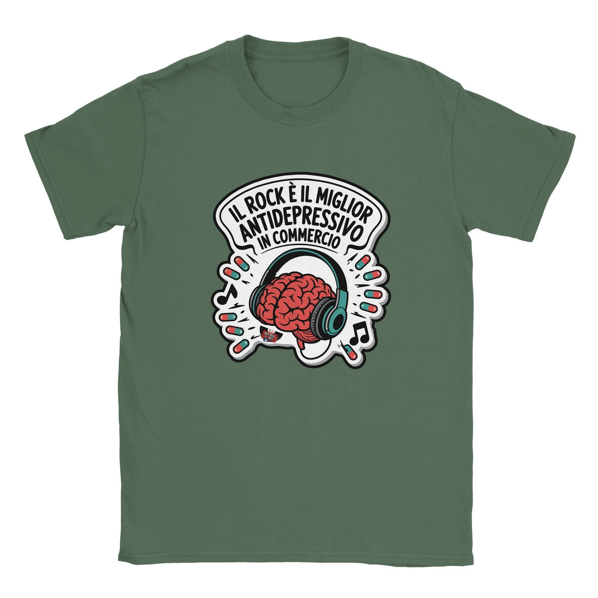 T-shirt verde militare con lo slogan «Il rock è il miglior antidepressivo in commercio»