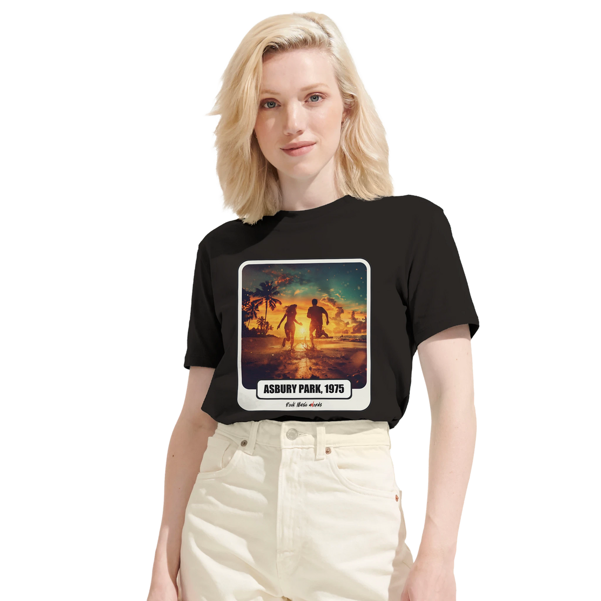 T-shirt premium Rock Art «Born to Run» (Asbury Park, 1975), foto d'ambiente