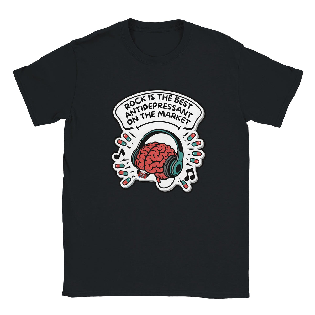 T-shirt nera con lo slogan in inglese «Rock is the best antidepressant on the market»