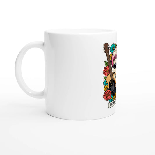 Tazza in ceramica bianca con la calavera «The Man Out of the Box», vista di lato con il manico