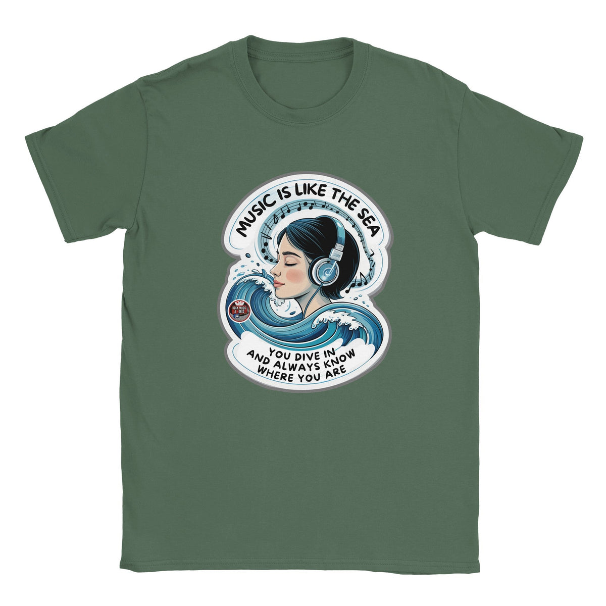T-Shirt Music is Like the Sea, Verde militare, scritta in inglese